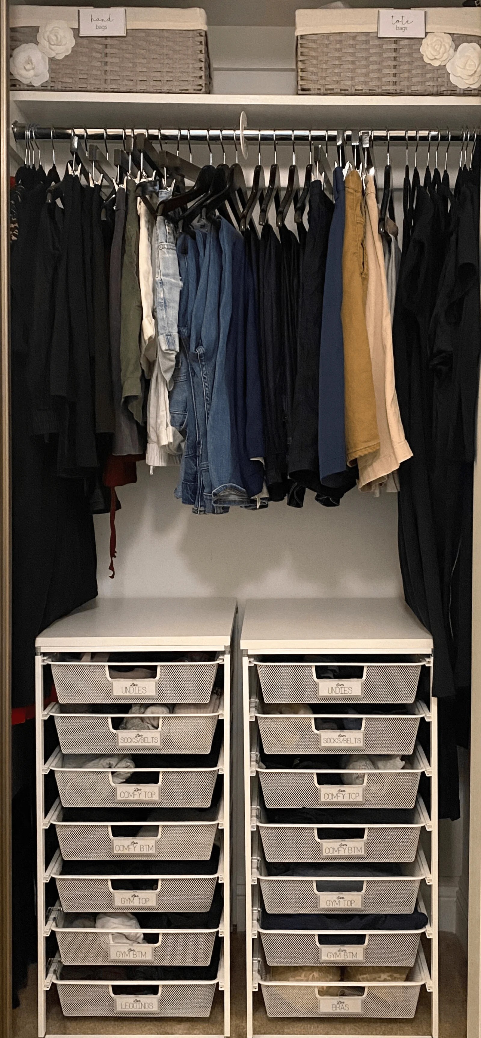 2 side-by-side Elfa Mesh Closet Drawer units using the 1-runner drawers