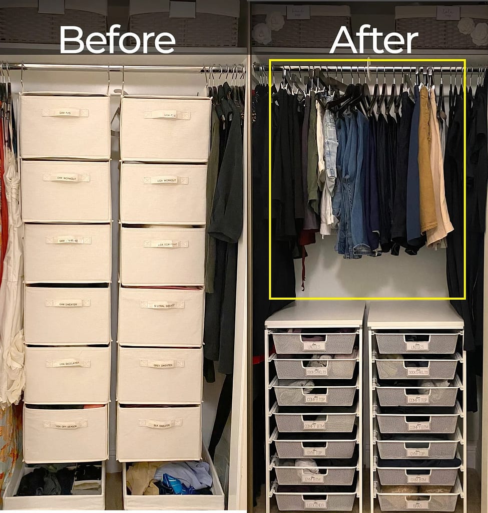 A side-by-side comparison of The Container Store 6-Compartment Hanging Closet Organizer and the Elfa Mesh Closet Drawers